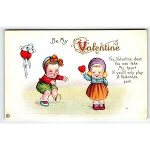 Vintage Valentine Postcard with Children, Heart, and Poem, 1900s - Embossed